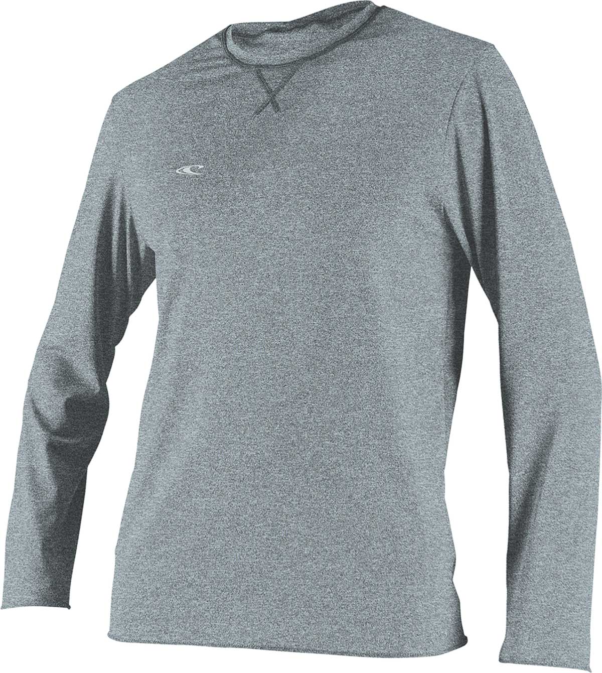 O'Neill Men's Hybrid Long Sleeve Rash Guard Sun Shirt 2020 - A heathered gray rash guard with a white logo on the left chest and a black strap at the back of the neck.