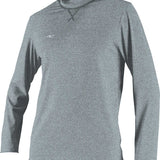 O'Neill Men's Hybrid Long Sleeve Rash Guard Sun Shirt 2020 - A heathered gray rash guard with a white logo on the left chest and a black strap at the back of the neck.