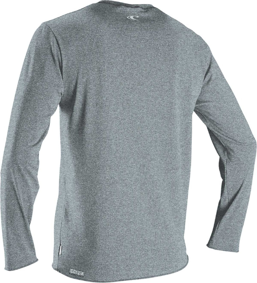 O'Neill Men's Hybrid Long Sleeve Rash Guard Sun Shirt 2020 - A heathered gray rash guard with a white logo on the upper back and a small white tag near the bottom hem.
