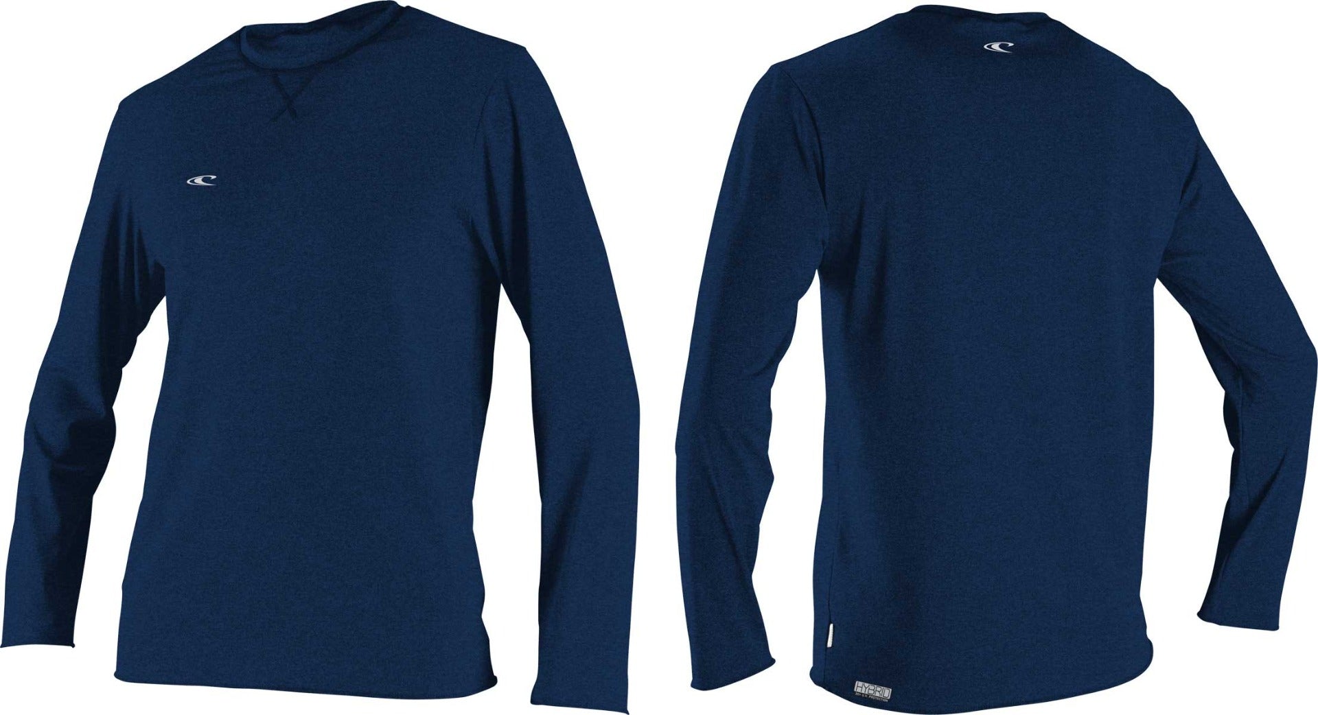 O'Neill Men's Hybrid Long Sleeve Rash Guard Sun Shirt 2020 - A navy blue rash guard with a white logo on the left chest and a small tag at the bottom hem.