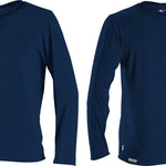 O'Neill Men's Hybrid Long Sleeve Rash Guard Sun Shirt 2020 - A navy blue rash guard with a white logo on the left chest and a small tag at the bottom hem.