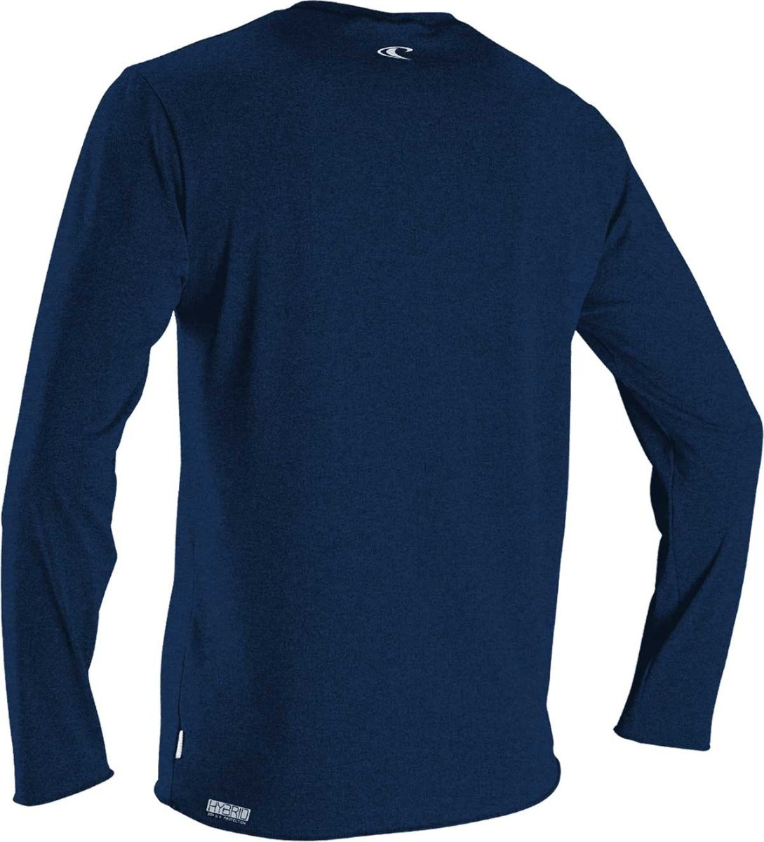 O'Neill Men's Hybrid Long Sleeve Rash Guard Sun Shirt 2020 - A navy blue rash guard with a white logo on the upper back and a small white tag near the bottom hem.