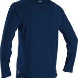 O'Neill Men's Hybrid Long Sleeve Rash Guard Sun Shirt 2020 - A navy blue rash guard with a white logo on the upper back and a small white tag near the bottom hem.