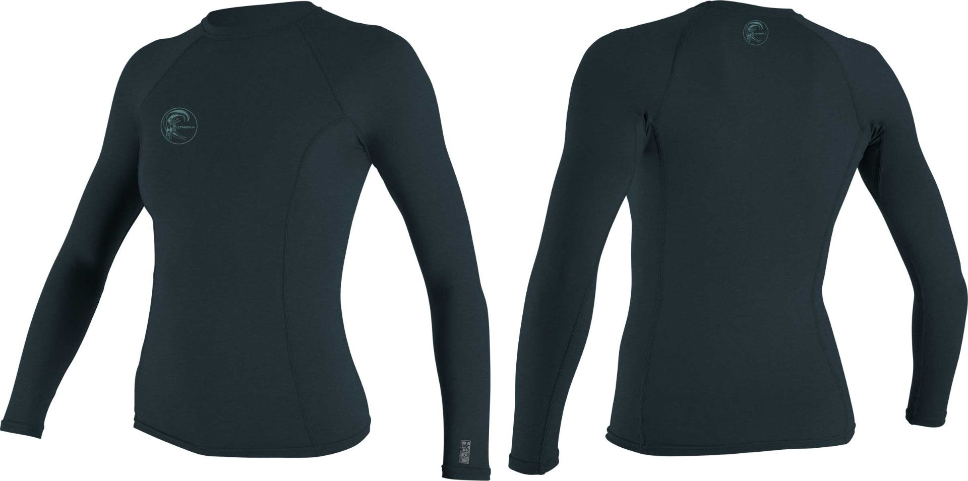 O'Neill Ladies' Hybrid Long Sleeve Rash Guard Shirt 2020 - A black rash guard shirt with a round logo on the upper left chest area.