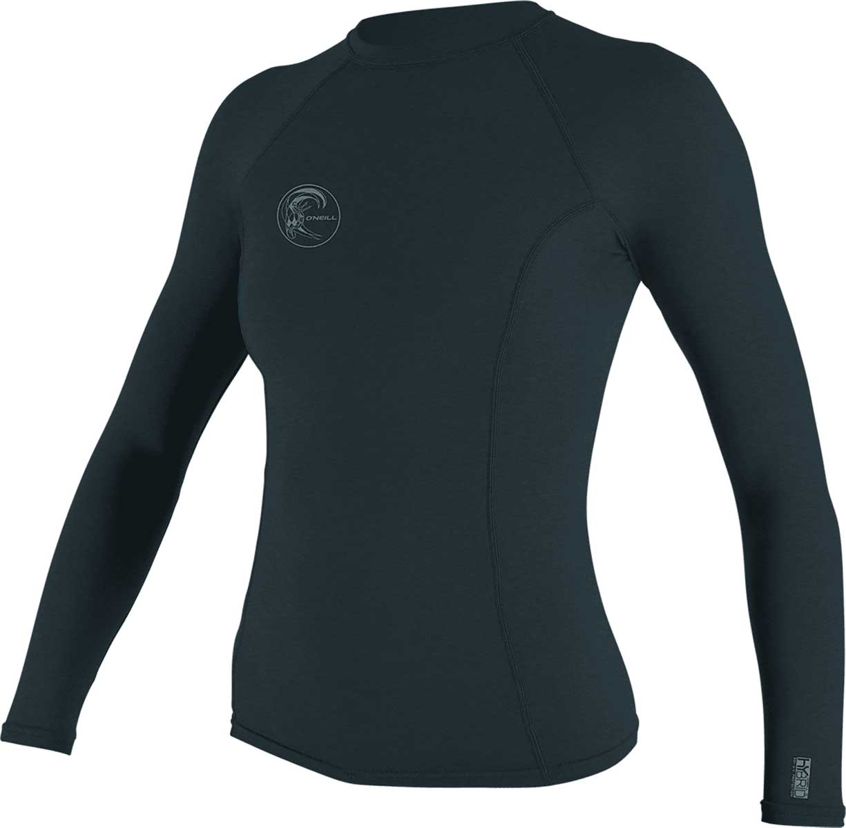 O'Neill Ladies' Hybrid Long Sleeve Rash Guard Shirt 2020 - A black rash guard shirt with a white logo on the left chest area.
