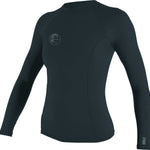 O'Neill Ladies' Hybrid Long Sleeve Rash Guard Shirt 2020 - A black rash guard shirt with a white logo on the left chest area.
