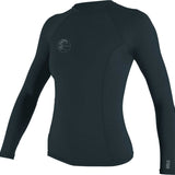 O'Neill Ladies' Hybrid Long Sleeve Rash Guard Shirt 2020 - A black rash guard shirt with a white logo on the left chest area.