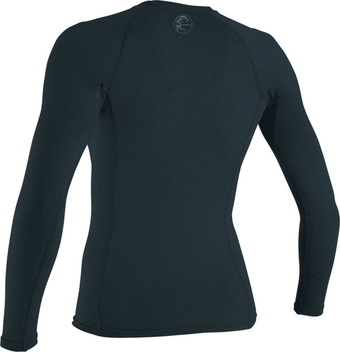 O'Neill Ladies' Hybrid Long Sleeve Rash Guard Shirt 2020 - A black rash guard shirt with a round logo on the upper back featuring a white wave design and the word "ONEILL" in small letters underneath.