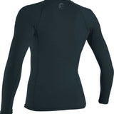 O'Neill Ladies' Hybrid Long Sleeve Rash Guard Shirt 2020 - A black rash guard shirt with a round logo on the upper back featuring a white wave design and the word "ONEILL" in small letters underneath.