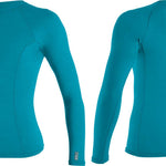 O'Neill Ladies' Hybrid Long Sleeve Rash Guard Shirt 2020 - A long-sleeved rash guard shirt in a solid teal color with a circular logo on the upper left chest area.