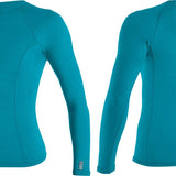 O'Neill Ladies' Hybrid Long Sleeve Rash Guard Shirt 2020 - A long-sleeved rash guard shirt in a solid teal color with a circular logo on the upper left chest area.