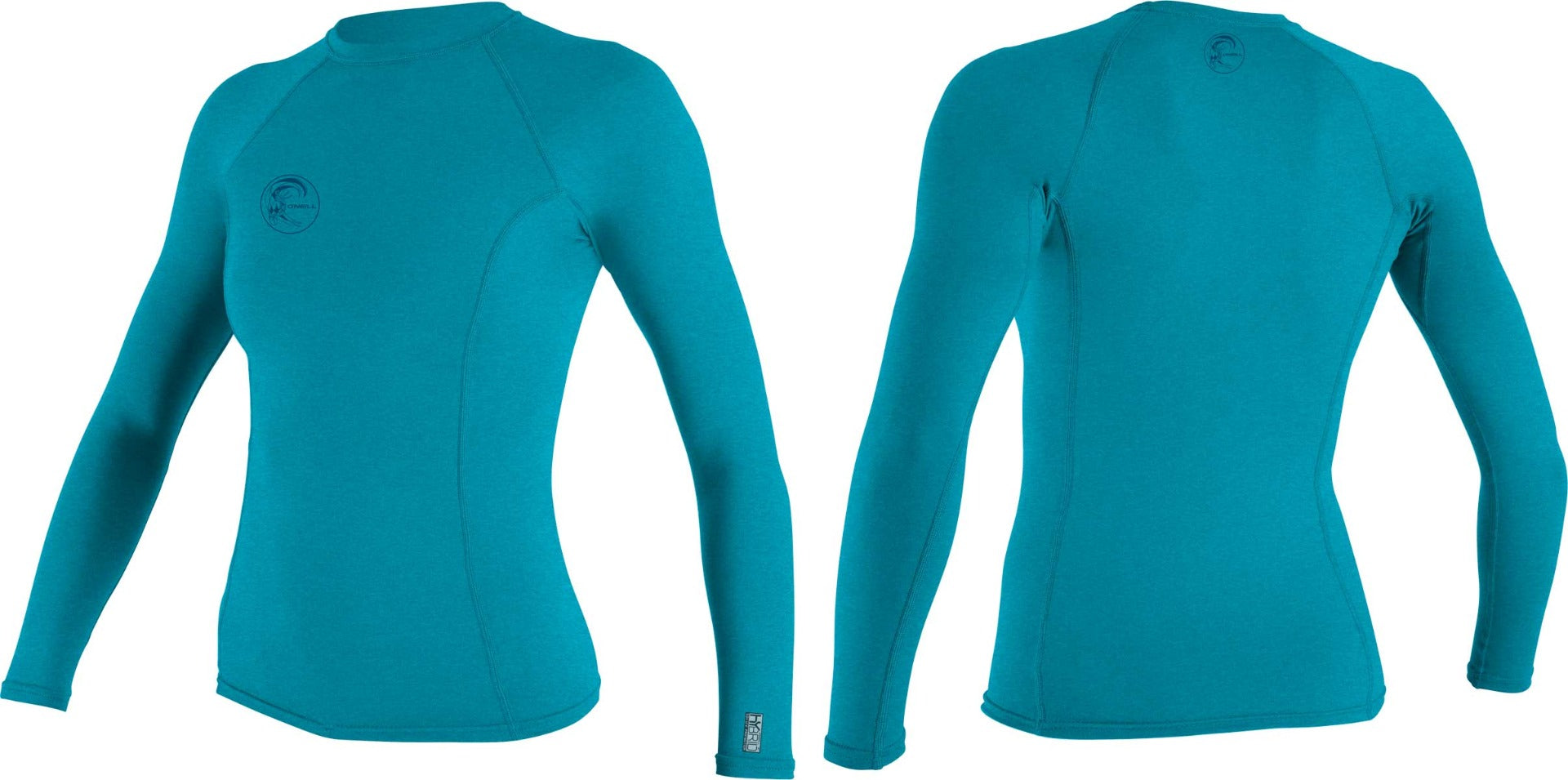O'Neill Ladies' Hybrid Long Sleeve Rash Guard Shirt 2020 - A long-sleeved rash guard shirt in a solid teal color with a circular logo on the upper left chest area.