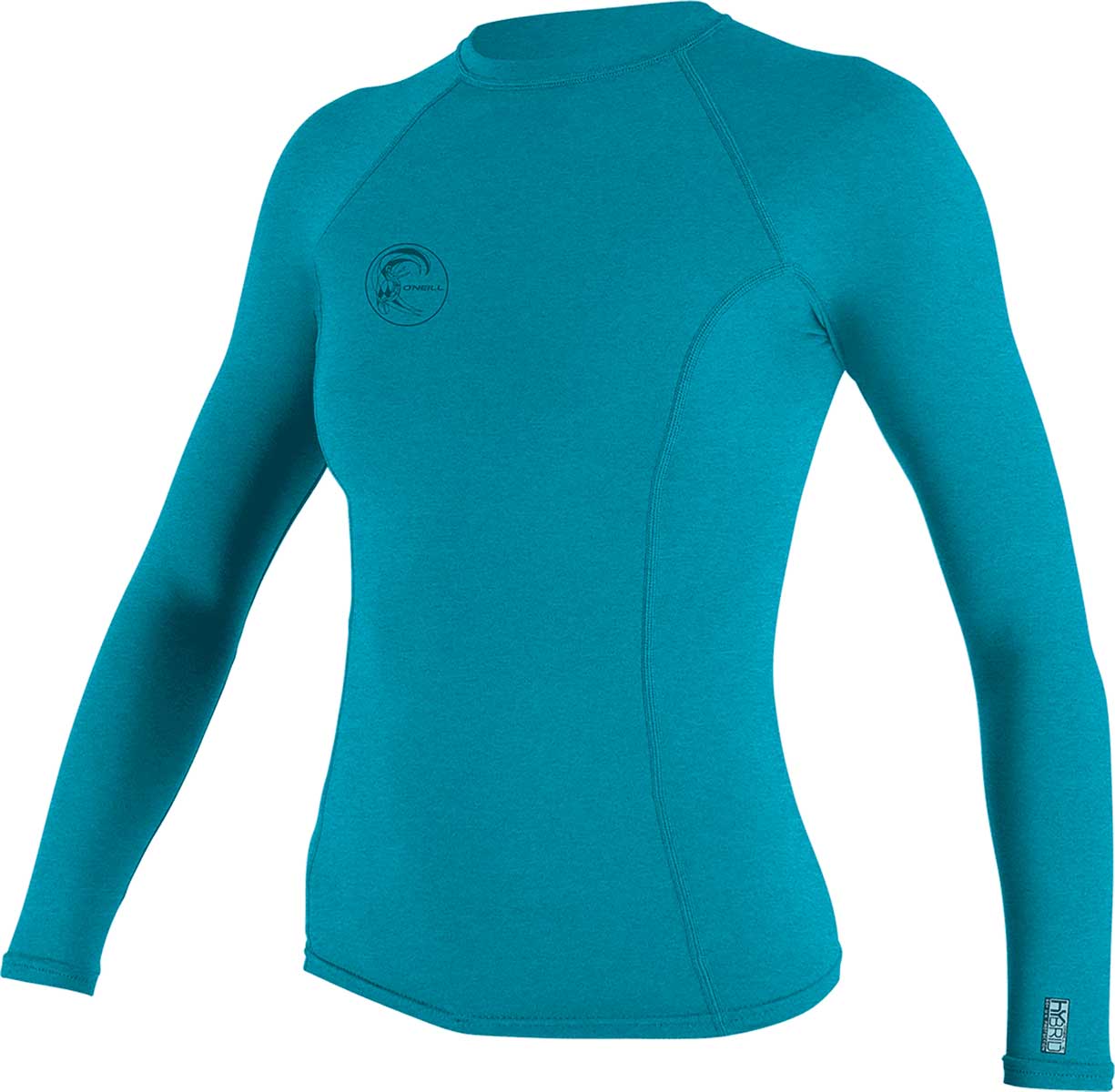 O'Neill Ladies' Hybrid Long Sleeve Rash Guard Shirt 2020 - A long-sleeved rash guard shirt in a solid teal color with an embossed logo on the left chest area.