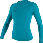 O'Neill Ladies' Hybrid Long Sleeve Rash Guard Shirt 2020 - A long-sleeved rash guard shirt in a solid teal color with an embossed logo on the left chest area.