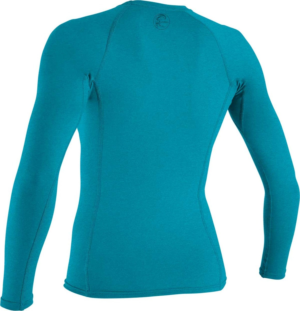 O'Neill Ladies' Hybrid Long Sleeve Rash Guard Shirt 2020 - A long-sleeved rash guard shirt in a solid teal color with a circular logo on the upper back.