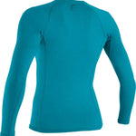 O'Neill Ladies' Hybrid Long Sleeve Rash Guard Shirt 2020 - A long-sleeved rash guard shirt in a solid teal color with a circular logo on the upper back.