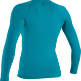 O'Neill Ladies' Hybrid Long Sleeve Rash Guard Shirt 2020 - A long-sleeved rash guard shirt in a solid teal color with a circular logo on the upper back.