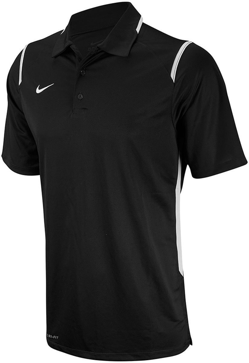 Nike Swim Men's Game Day Polo Shirt - A black polo shirt with a white Nike swoosh logo on the left chest and two white stripes running down each side of the shoulders.