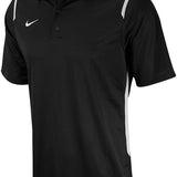 Nike Swim Men's Game Day Polo Shirt - A black polo shirt with a white Nike swoosh logo on the left chest and two white stripes running down each side of the shoulders.