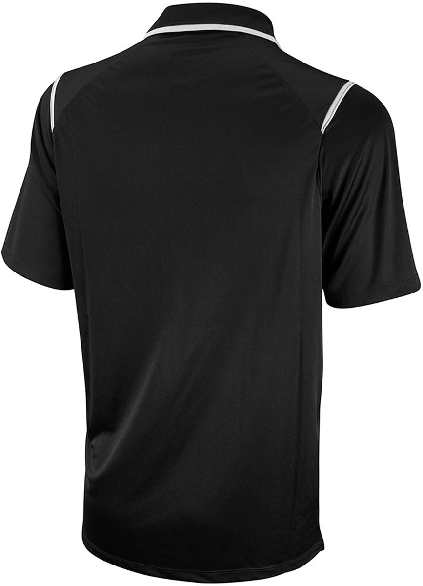 Nike Swim Men's Game Day Polo Shirt - A black polo shirt with a collar, featuring white stripes on the shoulders and a small Nike logo on the left chest.