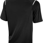 Nike Swim Men's Game Day Polo Shirt - A black polo shirt with a collar, featuring white stripes on the shoulders and a small Nike logo on the left chest.