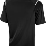 Nike Swim Men's Game Day Polo Shirt - A black polo shirt with a collar, featuring white stripes on the shoulders and a small Nike logo on the left chest.
