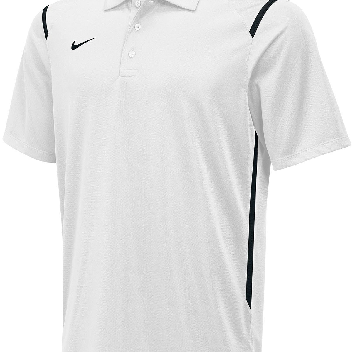 Nike Swim Men's Game Day Polo Shirt - A white polo shirt with a collar, featuring a small black Nike logo on the left chest and two buttons down the front.
