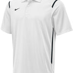 Nike Swim Men's Game Day Polo Shirt - A white polo shirt with a collar, featuring a small black Nike logo on the left chest and two buttons down the front.