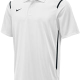 Nike Swim Men's Game Day Polo Shirt - A white polo shirt with a collar, featuring a small black Nike logo on the left chest and two buttons down the front.