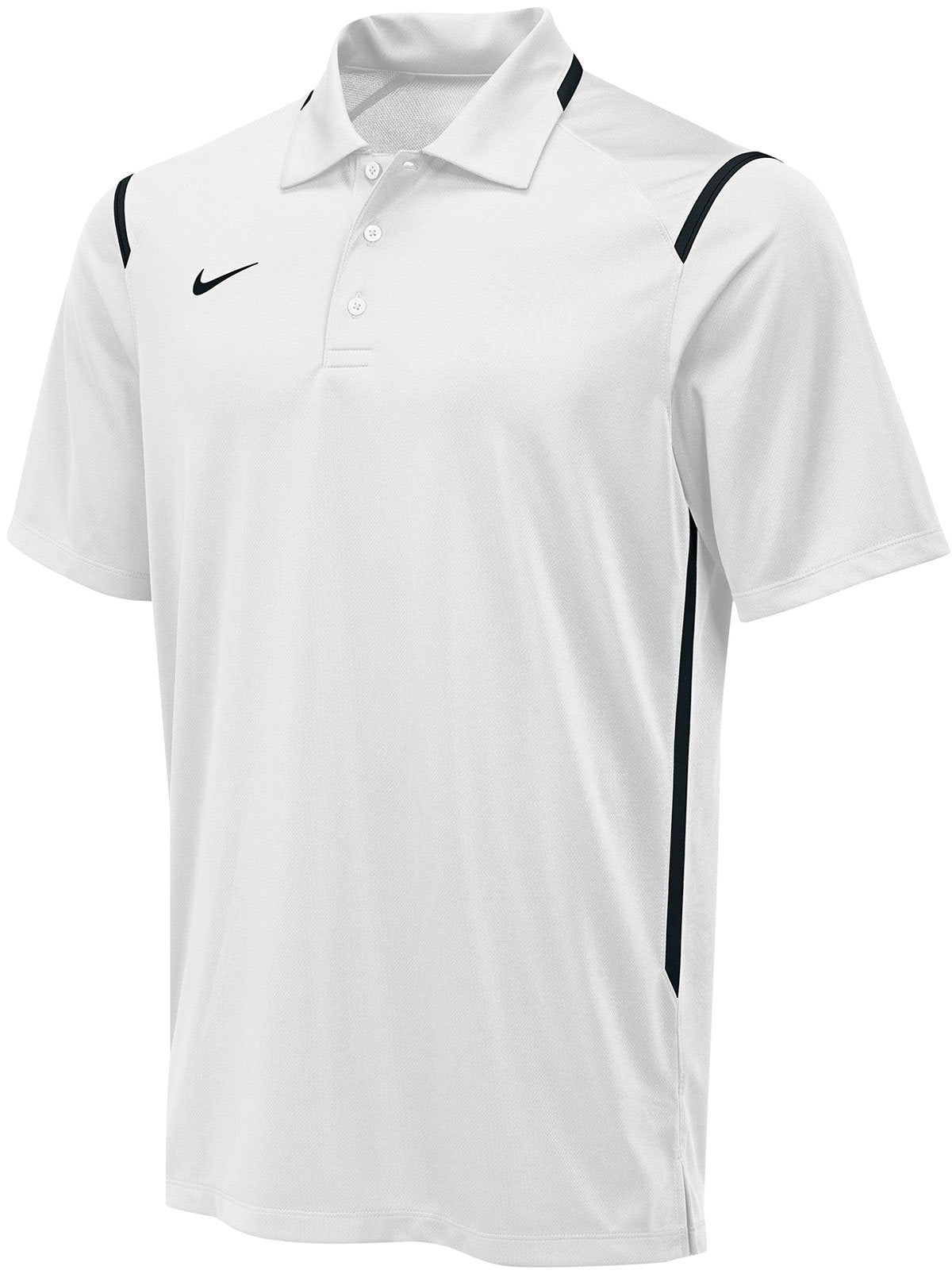 Nike Swim Men's Game Day Polo Shirt - A white polo shirt with a collar, featuring a small black Nike logo on the left chest and two buttons down the front.