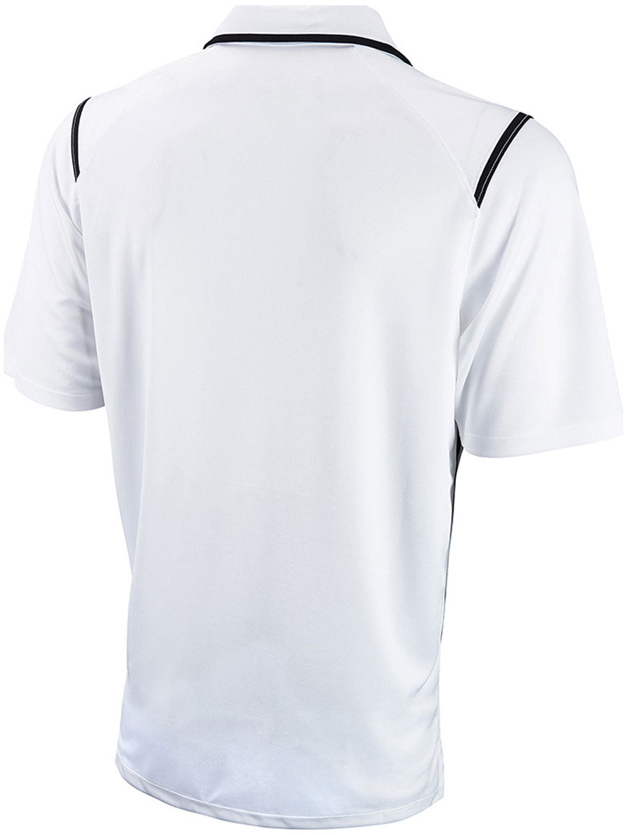 Nike Swim Men's Game Day Polo Shirt - A white polo shirt with a collar, featuring black stripes on the shoulders and sleeves.
