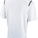 Nike Swim Men's Game Day Polo Shirt - A white polo shirt with a collar, featuring black stripes on the shoulders and sleeves.