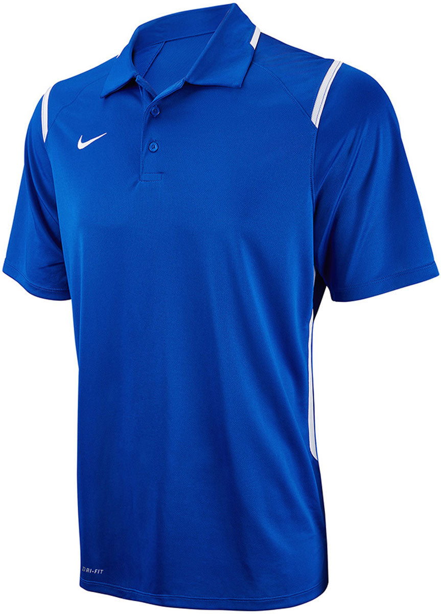 Nike Swim Men's Game Day Polo Shirt - A royal blue polo shirt with a white Nike swoosh logo on the left chest and two white stripes on each shoulder.