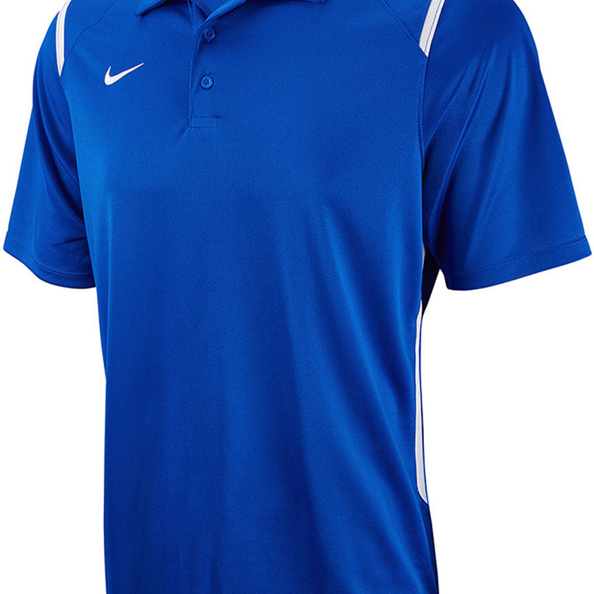 Nike Swim Men's Game Day Polo Shirt - A royal blue polo shirt with a white Nike swoosh logo on the left chest and two white stripes on each shoulder.