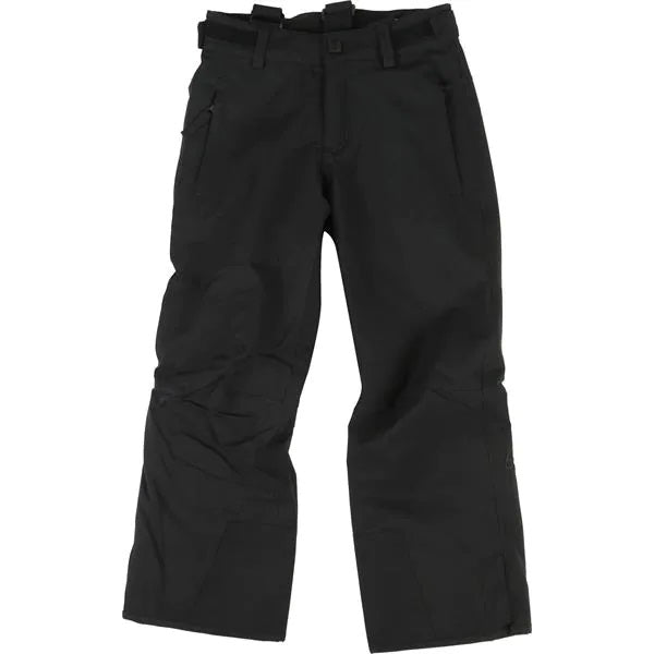 The 686 Boys Defender Insulated Snowboard Pants are black with an adjustable waistband and zippered pockets on the side view.