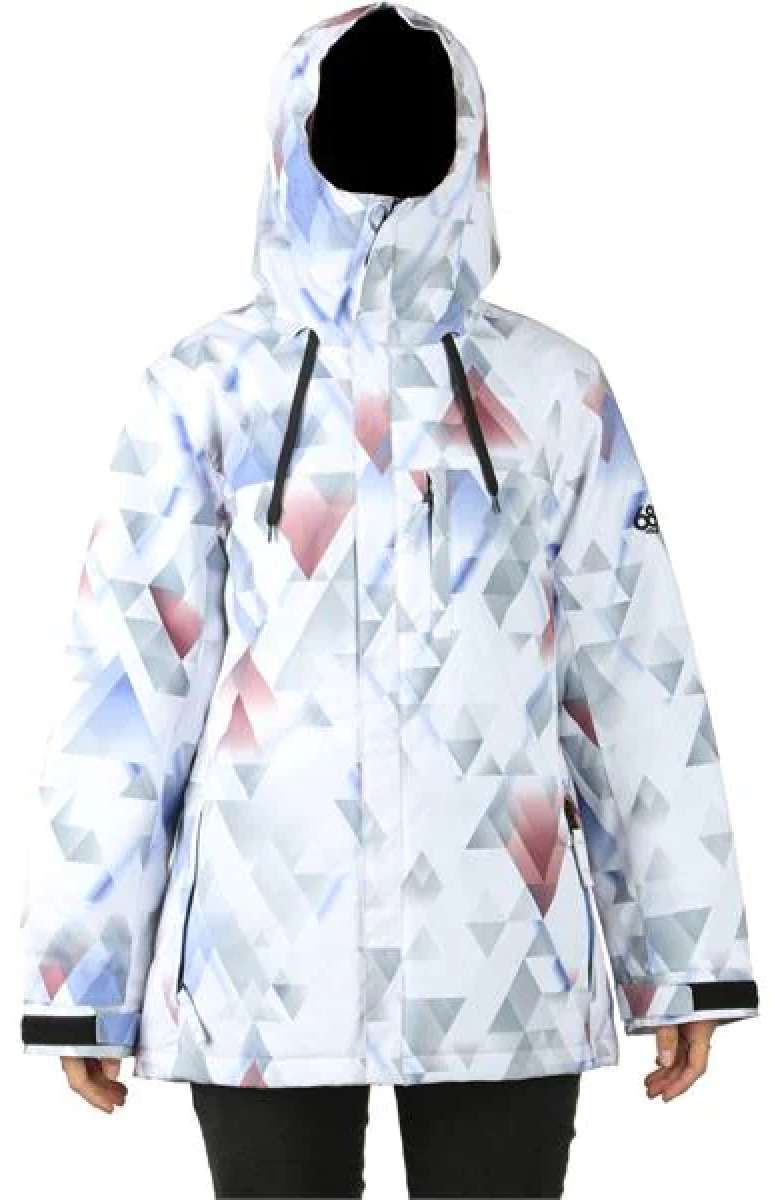 The 686 Ladies Solaris Insulated Jacket 2021 has a white base color with a geometric pattern and black drawstrings.