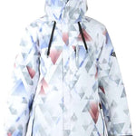 The 686 Ladies Solaris Insulated Jacket 2021 has a white base color with a geometric pattern and black drawstrings.