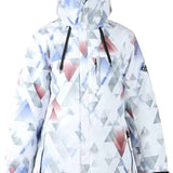 The 686 Ladies Solaris Insulated Jacket 2021 has a white base color with a geometric pattern and black drawstrings.