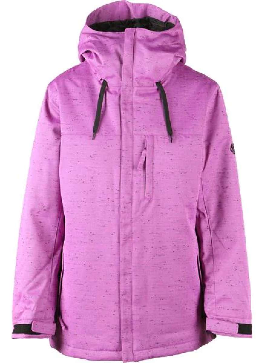 The 686 Ladies Solaris Insulated Jacket 2021 has a pink speckled design with black accents on the hood and cuffs.