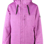 The 686 Ladies Solaris Insulated Jacket 2021 has a pink speckled design with black accents on the hood and cuffs.