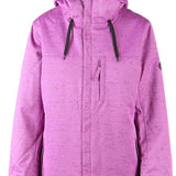 The 686 Ladies Solaris Insulated Jacket 2021 has a pink speckled design with black accents on the hood and cuffs.