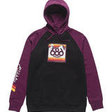 The 686 Ladies Dusk Pullover Hoody 2021 has a black body with purple sleeves and hood.