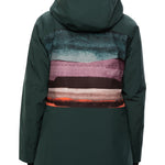 The 686 brand Lady's Glacier Crust Mantra Insulated Jacket 2021 has a dark green color with an abstract design on the back in shades of blue, purple and pink.