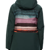 The 686 brand Lady's Glacier Crust Mantra Insulated Jacket 2021 has a dark green color with an abstract design on the back in shades of blue, purple and pink.