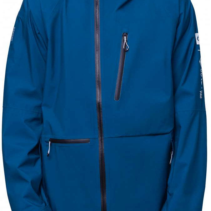The 686 3L GORE-TEX Hydra Thermagraph Jacket 2024 is shown in a blue color with an insulated hood.