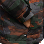 The 686 brand's Willow insulated jacket in camouflage pattern has an insulated hood and is shown from the front view.