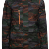 The 686 Women's Willow Gore-Tex Insulated Jacket is showcased in a front view with a camouflage pattern of green, brown, and gray hues.