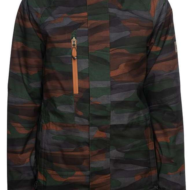 The 686 Women's Willow Gore-Tex Insulated Jacket is showcased in a front view with a camouflage pattern of green, brown, and gray hues.