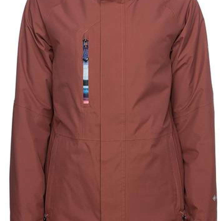 The 686 Ladies GLCR GORE-TEX Willow Insulated Jacket 2022 in dusty rose has a hood and zippered pockets.