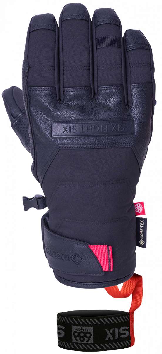The 686 Apex gloves are black with pink accents and have a distinctive red pull strap on the cuff.